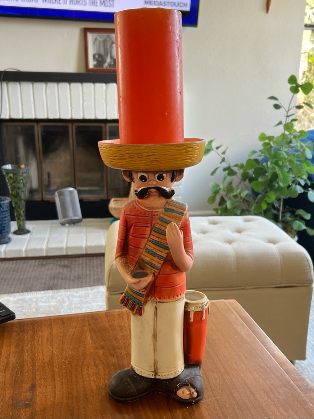 Hand-Painted Red Mexican Musician Figurine Candleholder